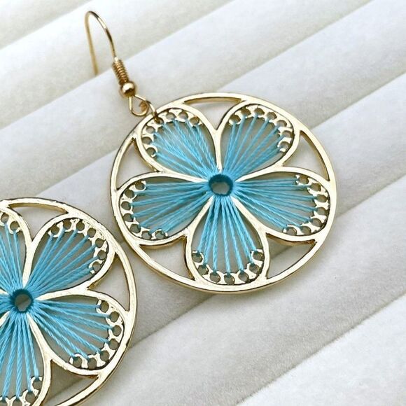 Yellow Gold with Round Blue Threaded Flower Dangling Drop Hook Earrings - Picture 6 of 8